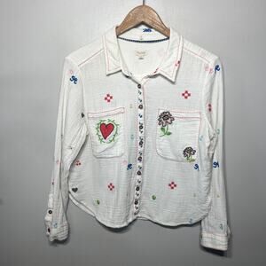 PILCRO Anthropologie Boho White Floral Embroidered Whimsical Cottagecore Gauze L